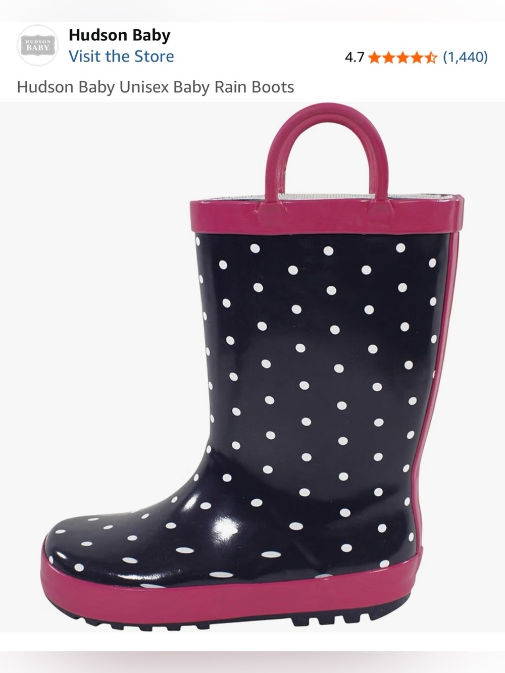 Hudson Baby Navy Polka Dot Rain Boot with Pink Trim. Toddler Size 11.